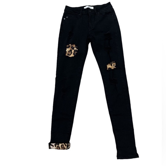 KanCan Jeans Womens Black Cheetah Print Cuff Distressed Black Ankle Jeans Size 5 - Picture 6 of 9